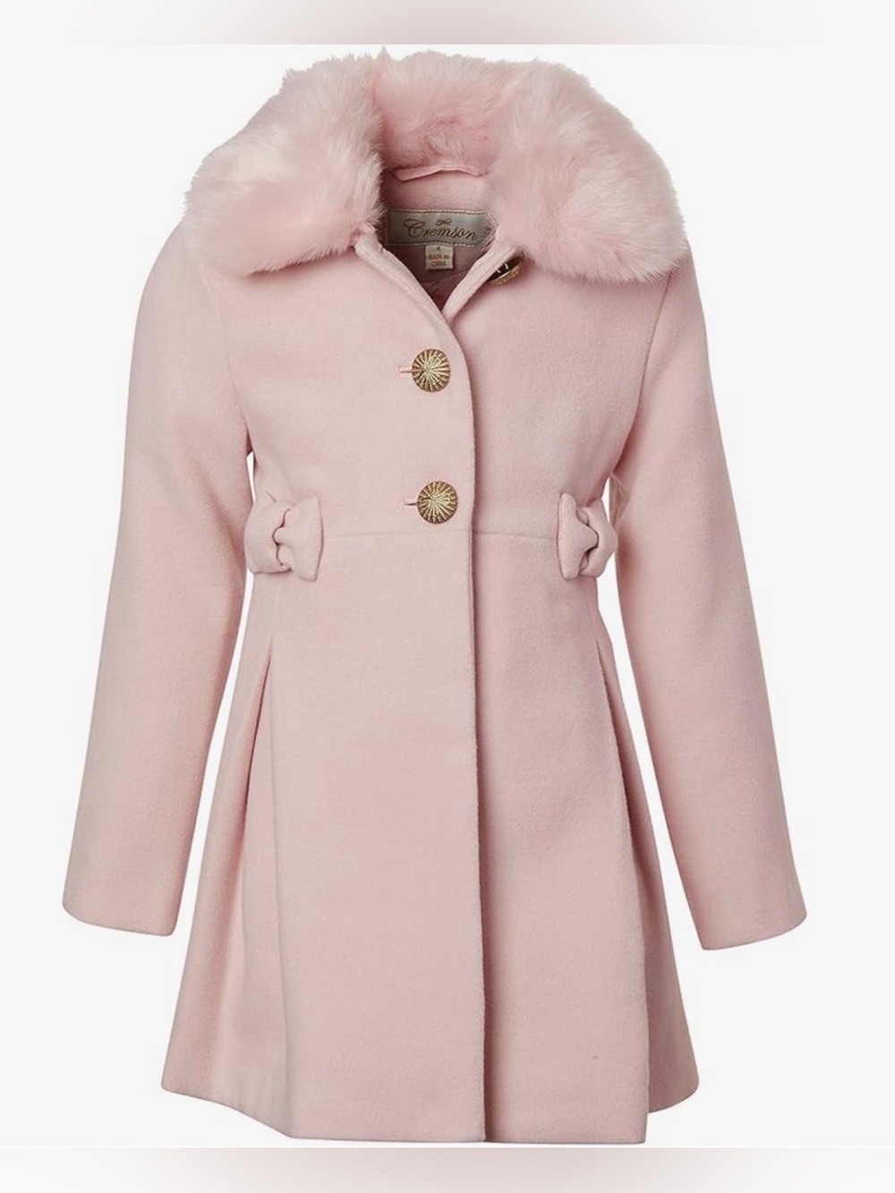 Cremson Girl Wool Look Winter Princess Bow Dress Pea Coat Jacket Faux Fur Collar